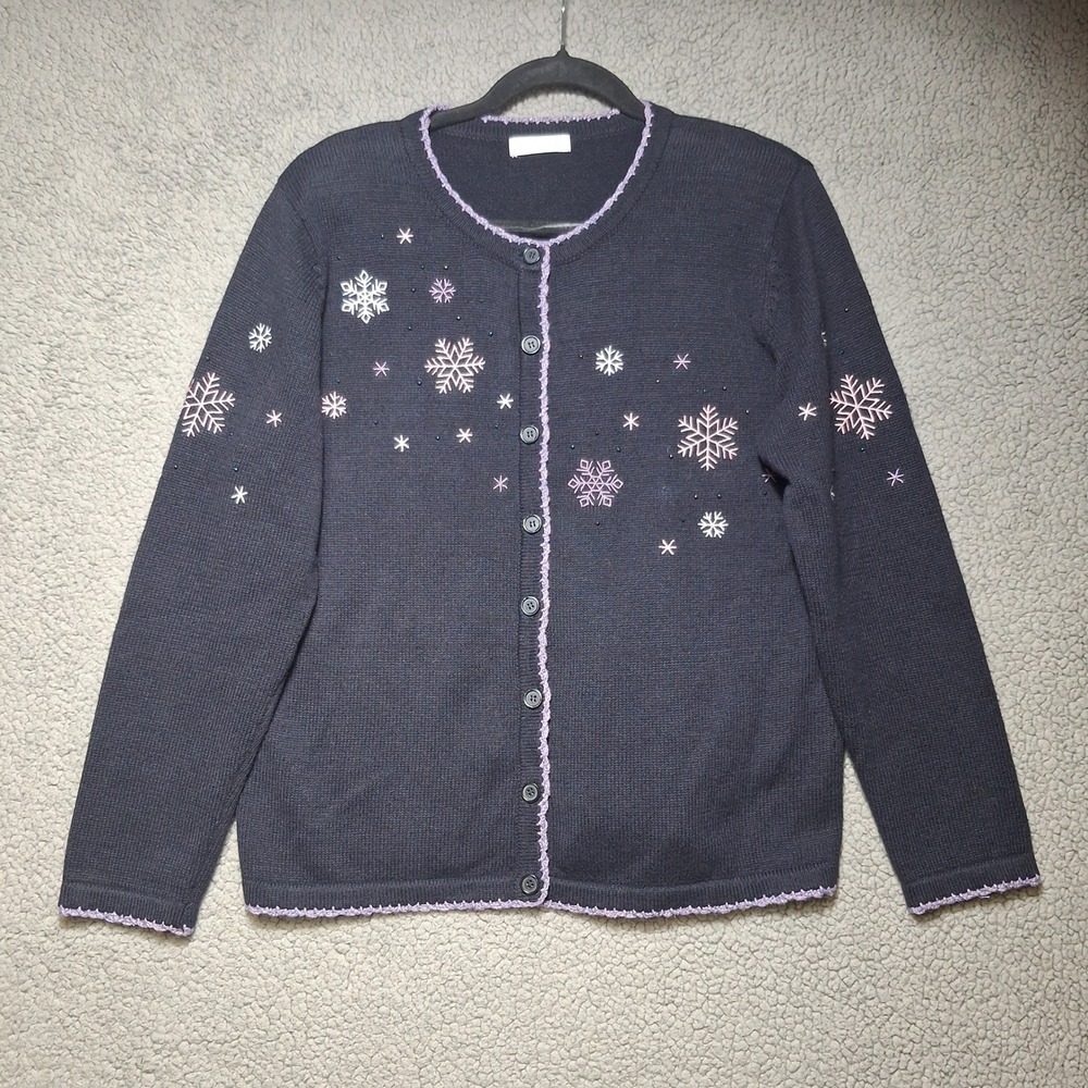 Christopher & Banks Cardigan Womens Navy Blue Snowflake Hand Embroidered
